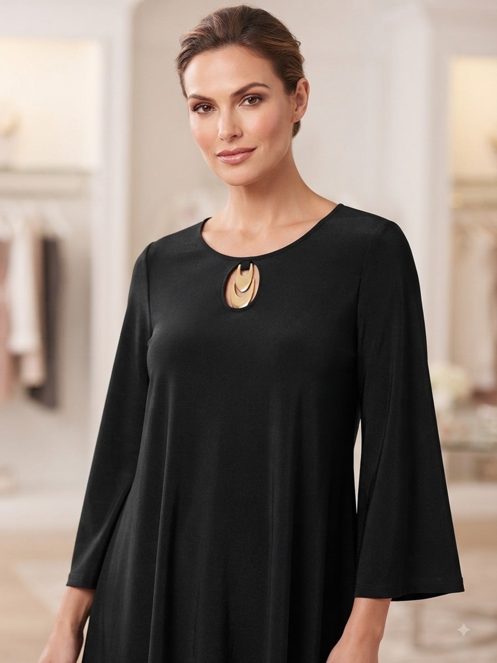 Chico's Black Tunic Top with Gold Keyhole Accent